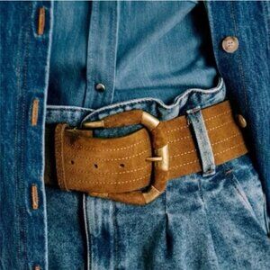 Sezane Artemis Belt; Denim raffia; FR Size 80 sezane Artemis green raffia kaki belt 80cm ( at left), then  main image 4